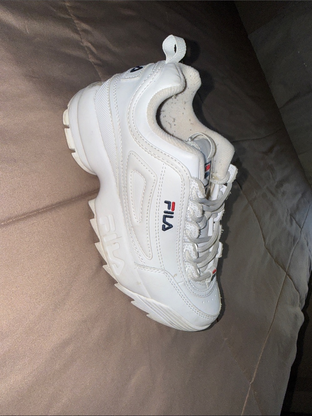 Fila Kids White and Navy Disruptor-Style Sneaker